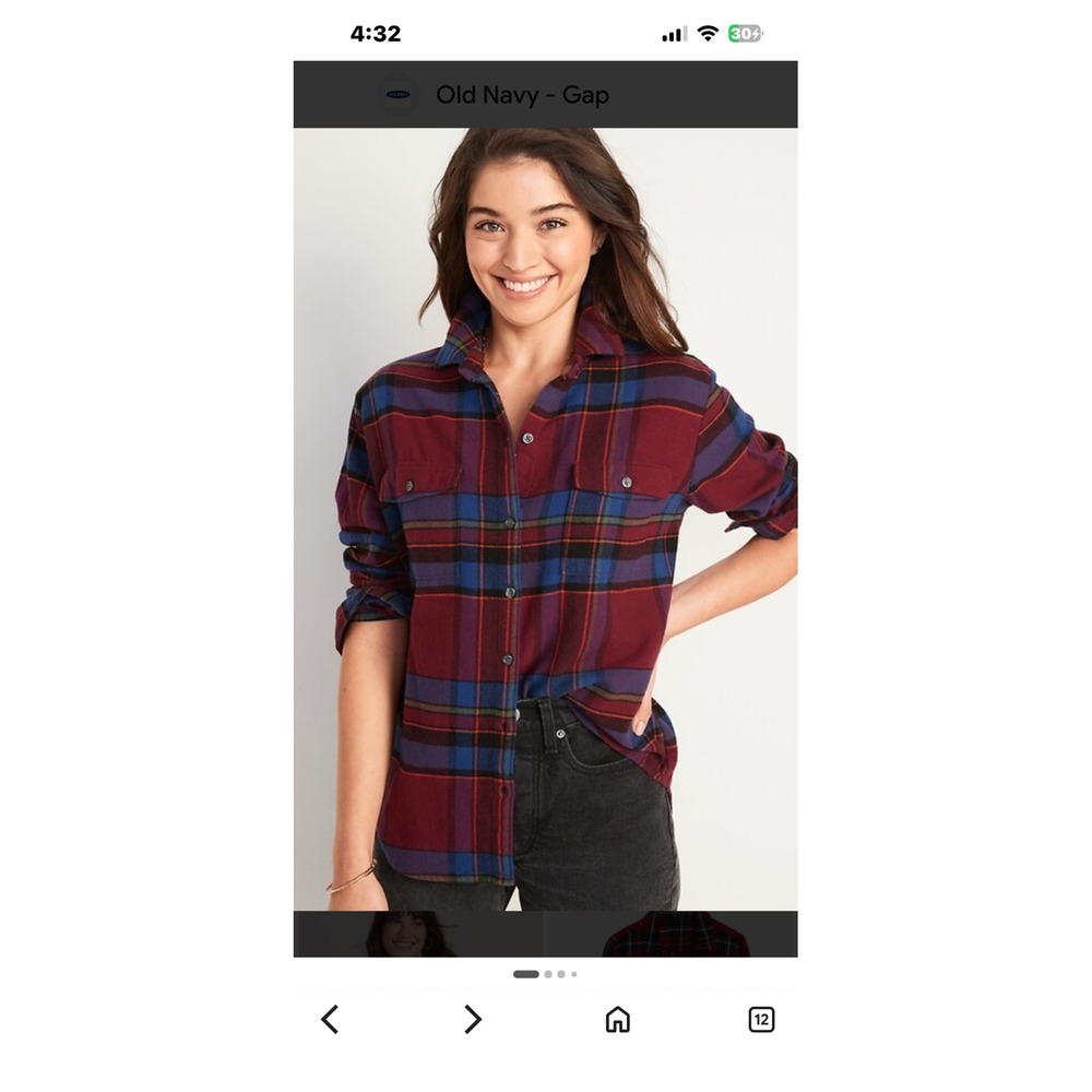 Old Navy The Boyfriend Shirt Womens Medium Plaid Flannel Button Down Burgundy